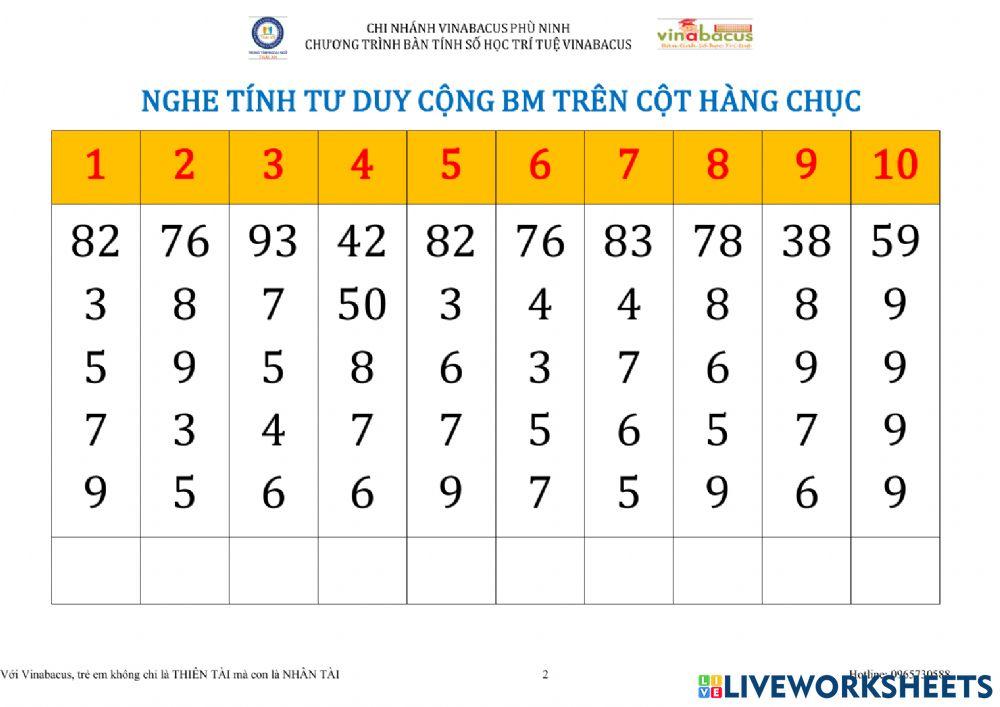 Tính tư duy +BM trên cột hàng chục