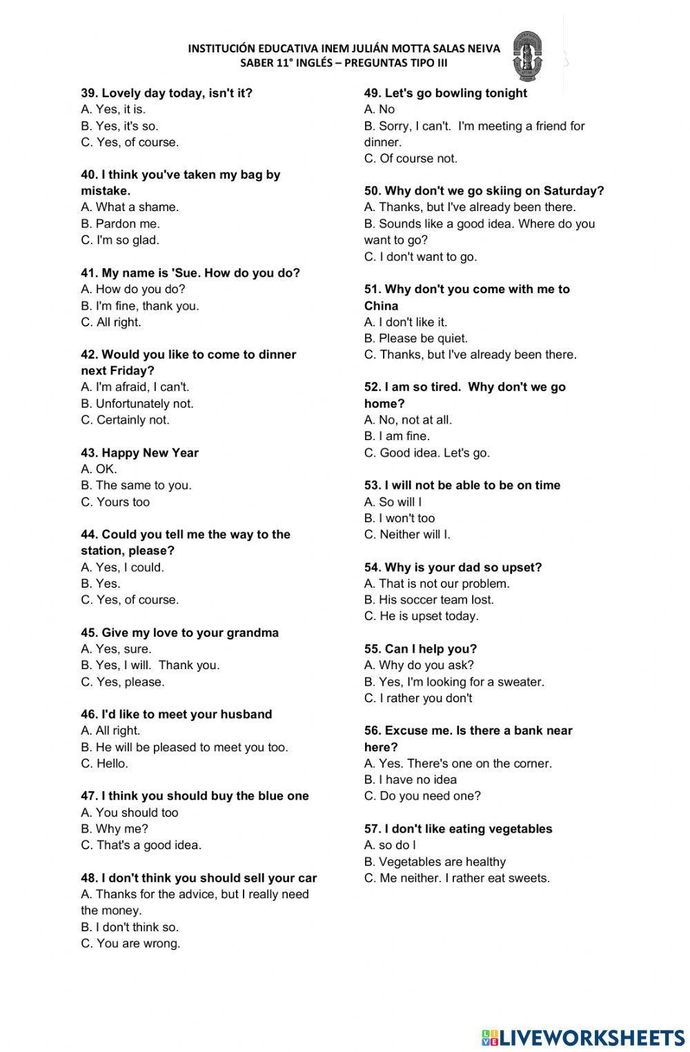 Prueba Saber Inglé 11 - ICFES tipo 3.