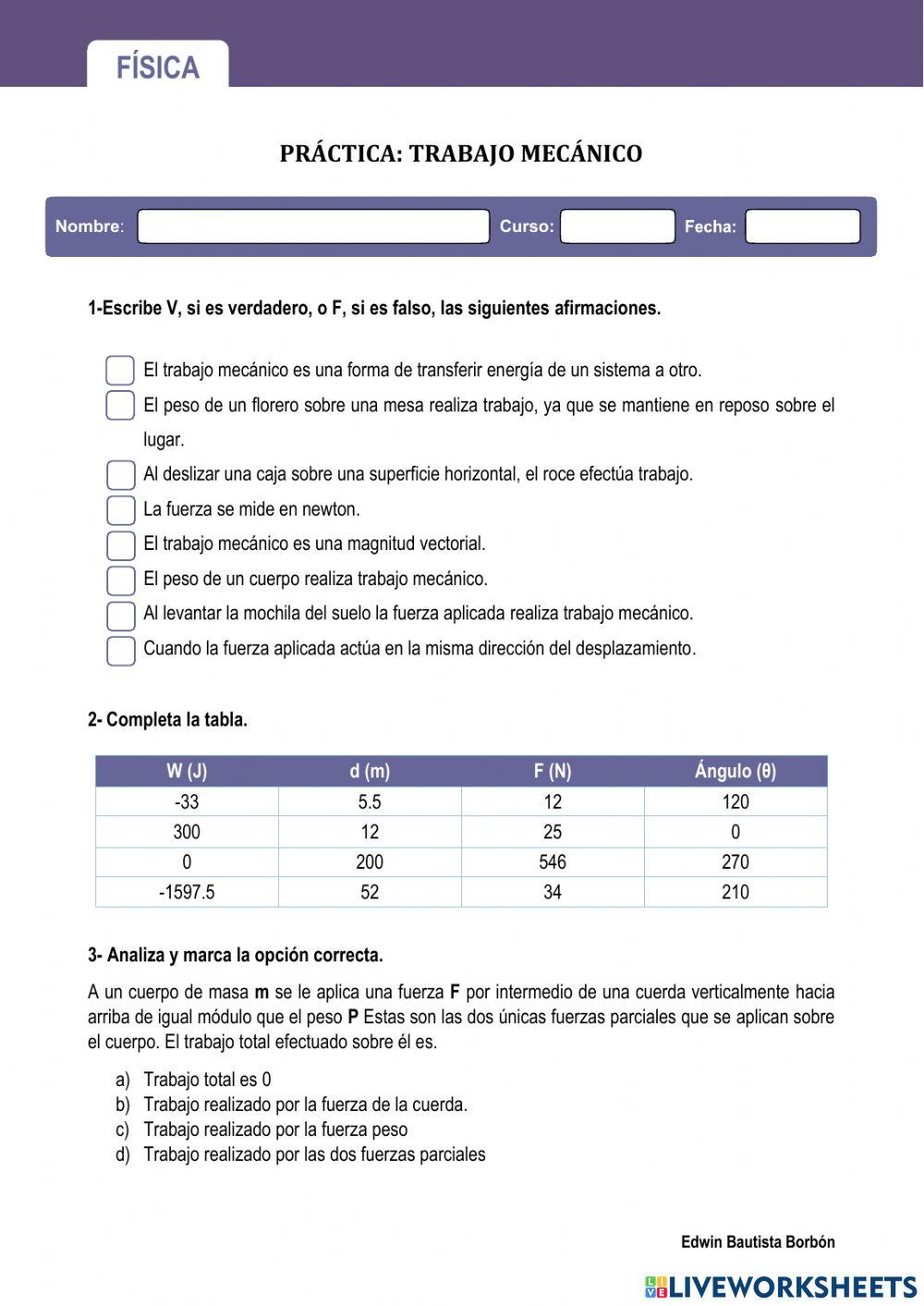 Práctica: Trabajo Mecánico Práctica: Trabajo Mecánico