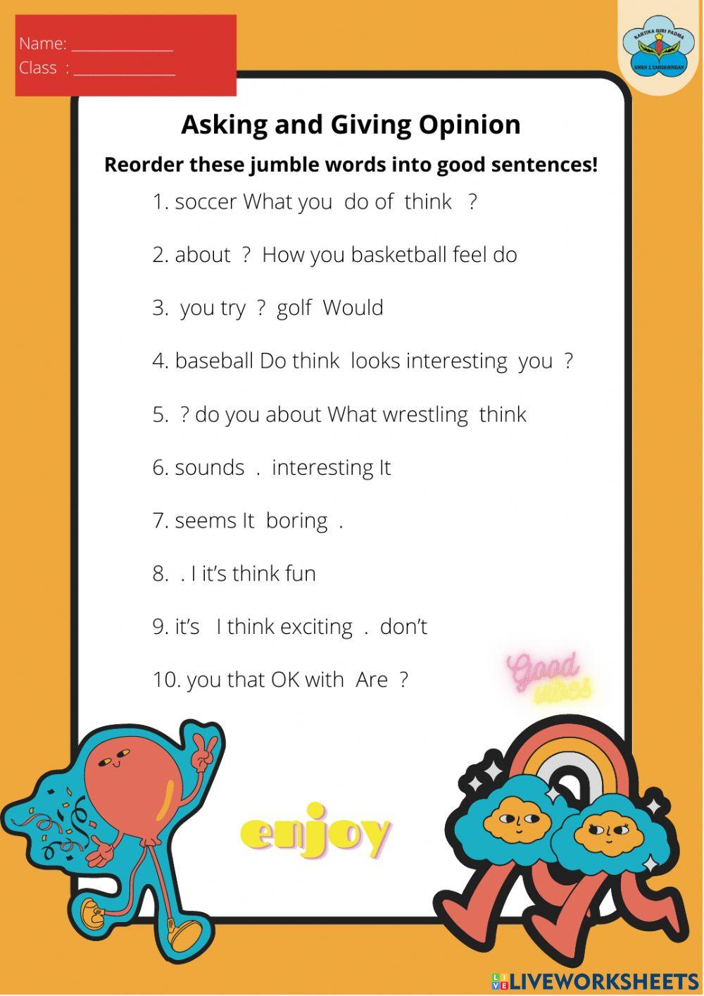 Asking and giving opinion 2 worksheet Live Worksheets