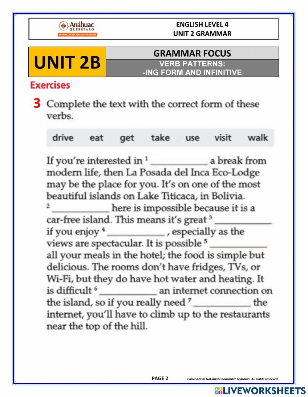 UNIT 2B GRAMMAR (LEVEL 4) online exercise for | Live Worksheets