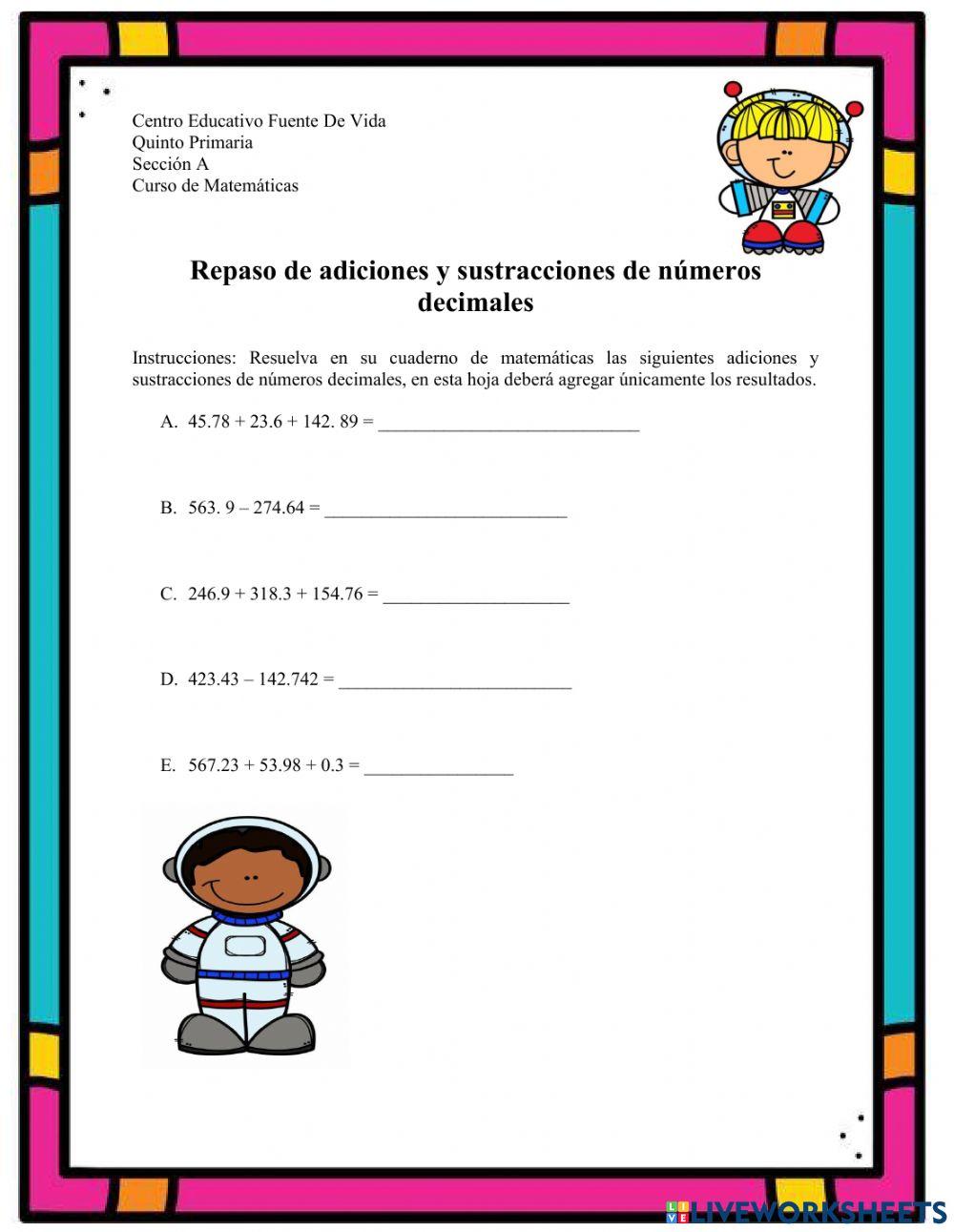 Adiciones y sustracciones de decimales