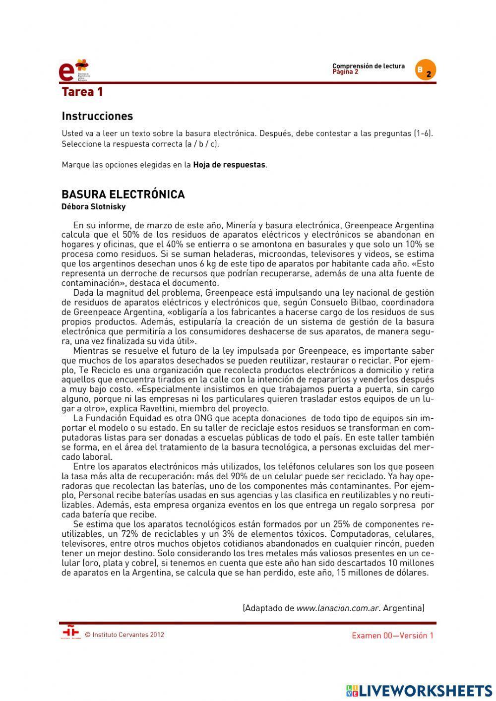 Actividad - Comprensión de lectura - Prueba DELE Nivel B2