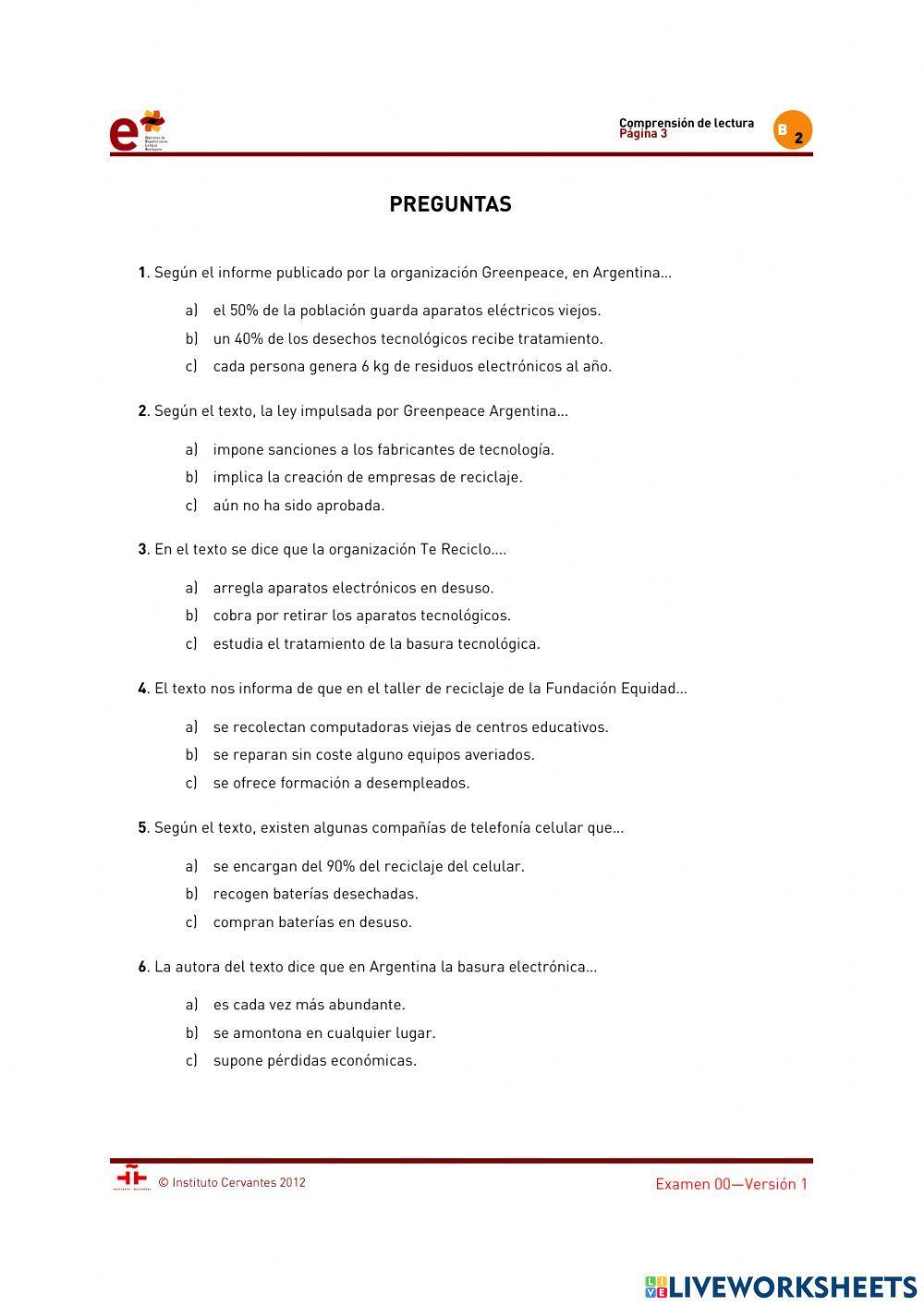 Actividad - Comprensión de lectura - Prueba DELE Nivel B2