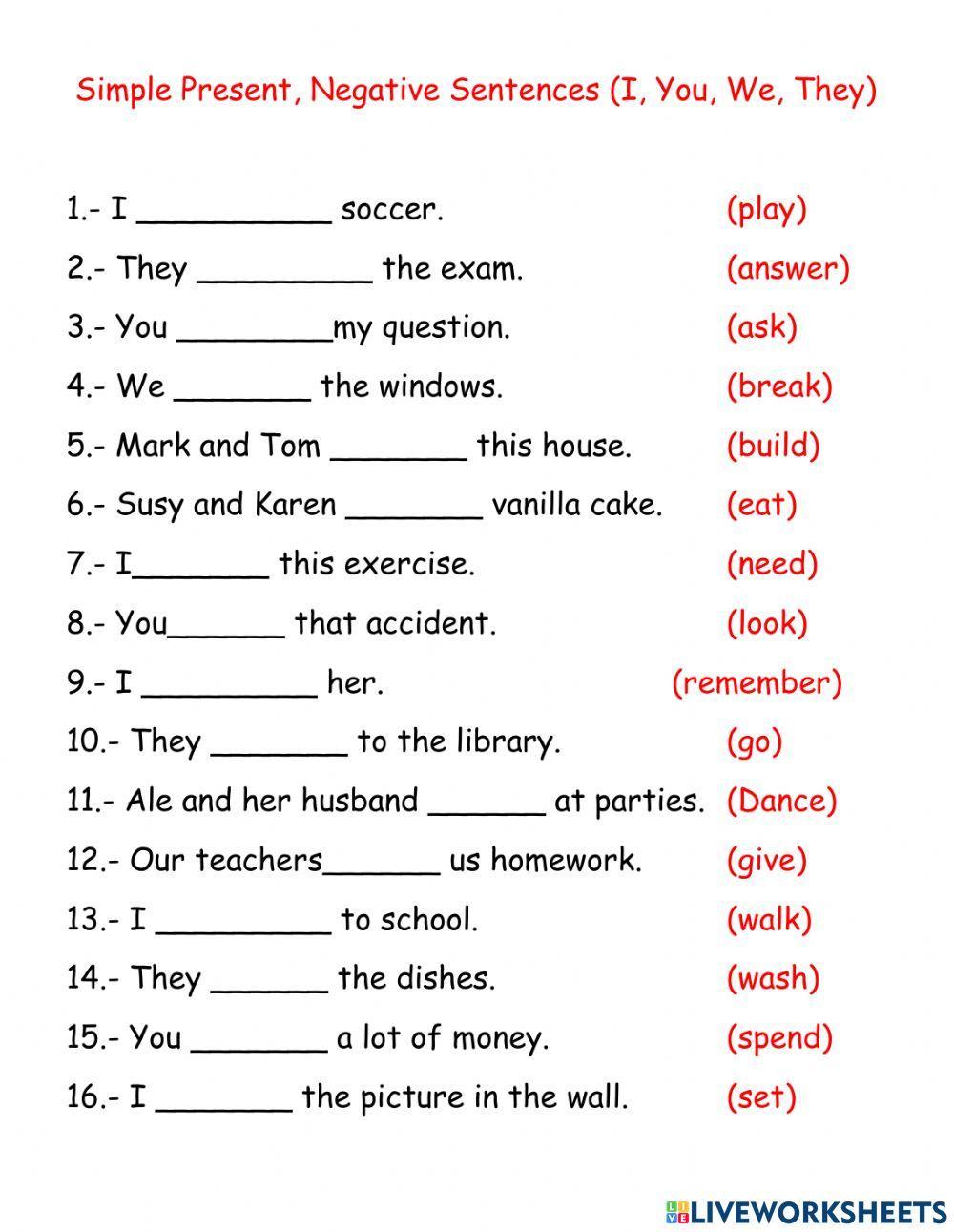 Simple Present Negative (I,You-We, They) worksheet