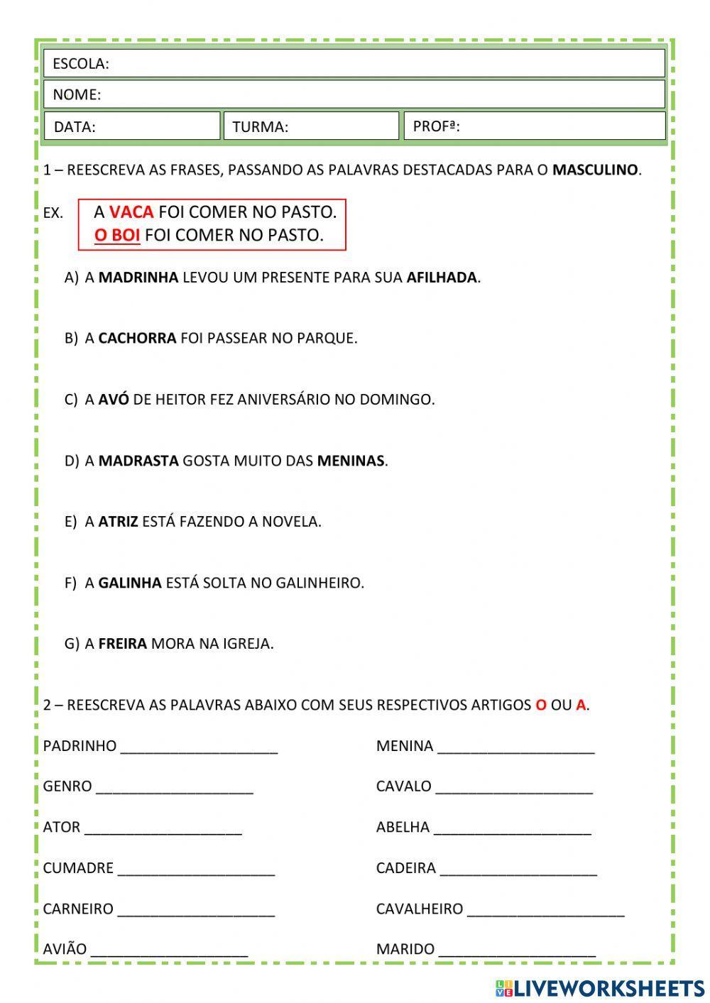 Feminino e masculino das palavras