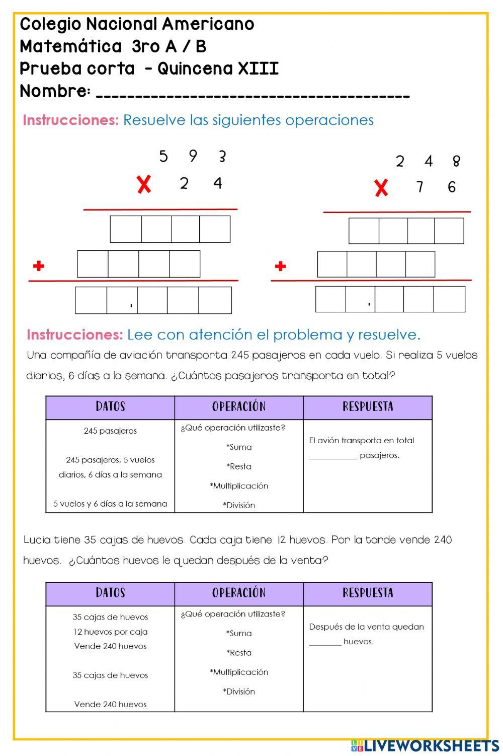 Q.XIII - Prueba corta de matemática