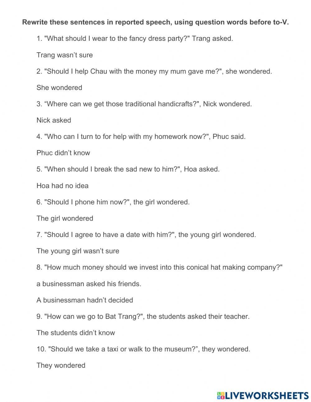 Reported Speech: Wh- to V