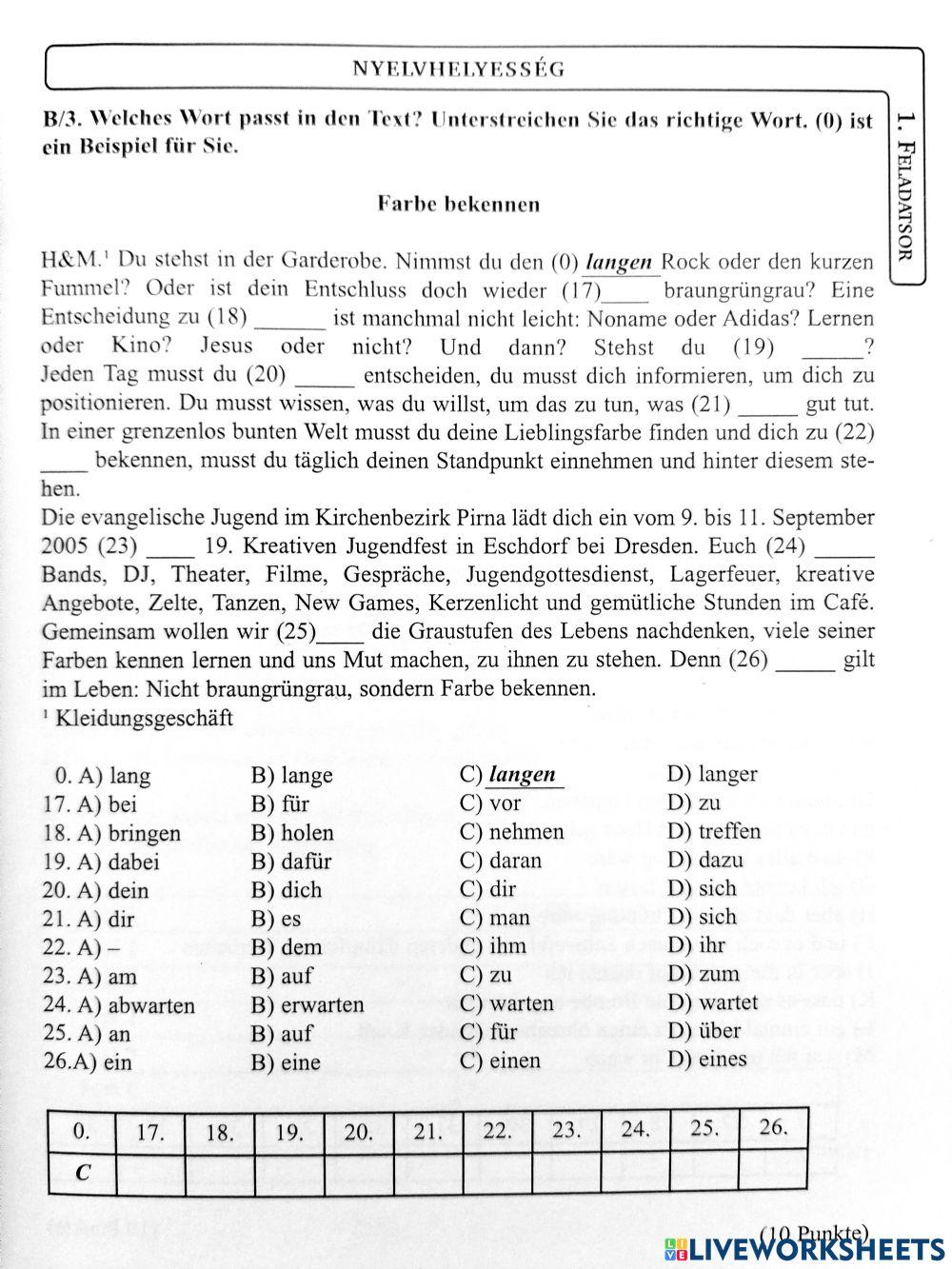 Deutsch B2 übungen Mit Lösungen Online Kostenlos 2103167 | Sprachbausteine B2 | KatiNeni | LiveWorksheets