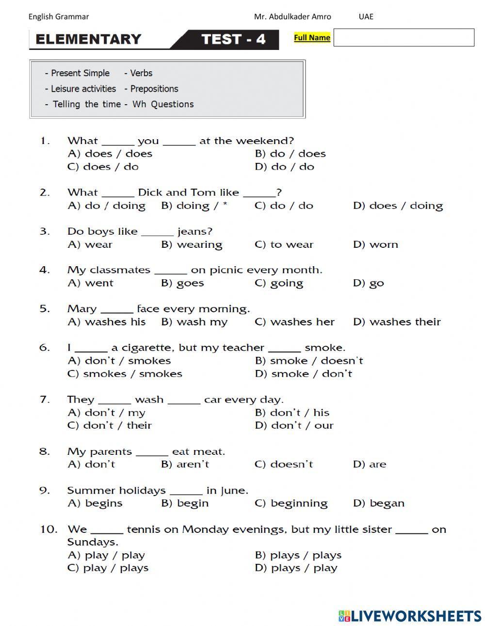 Elementary Test 4 Part 1 Grammar