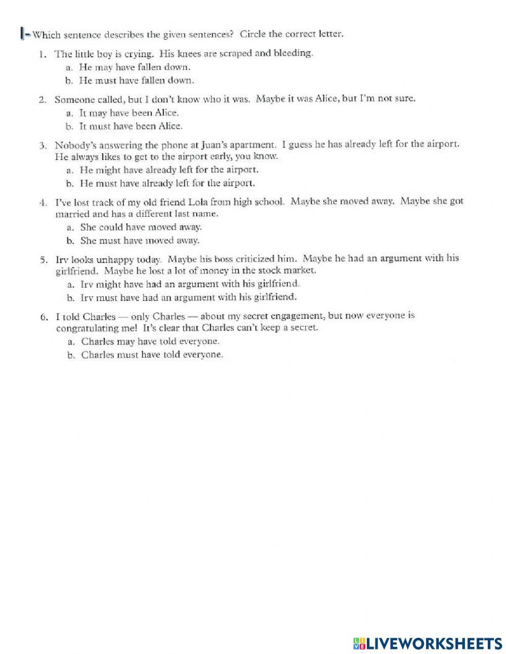Past modals of deductions online exercise for live worksheets