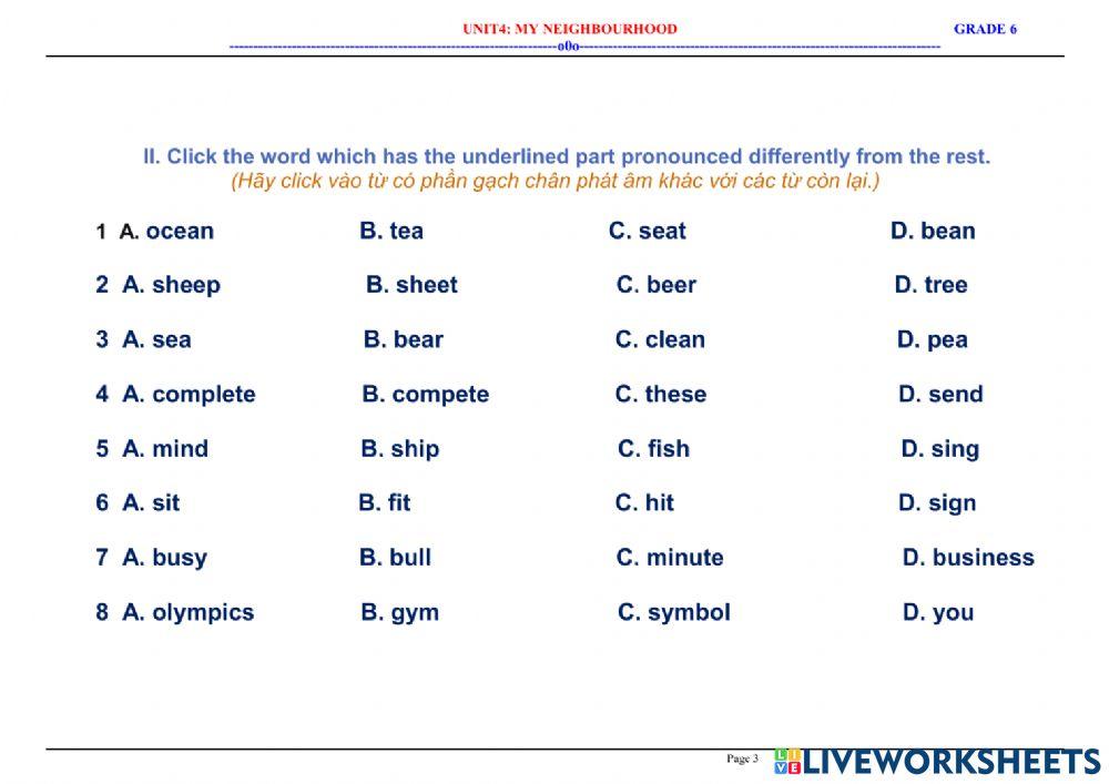 English 6 - Unit 4 - My neighbourhood - -i:- or -i-