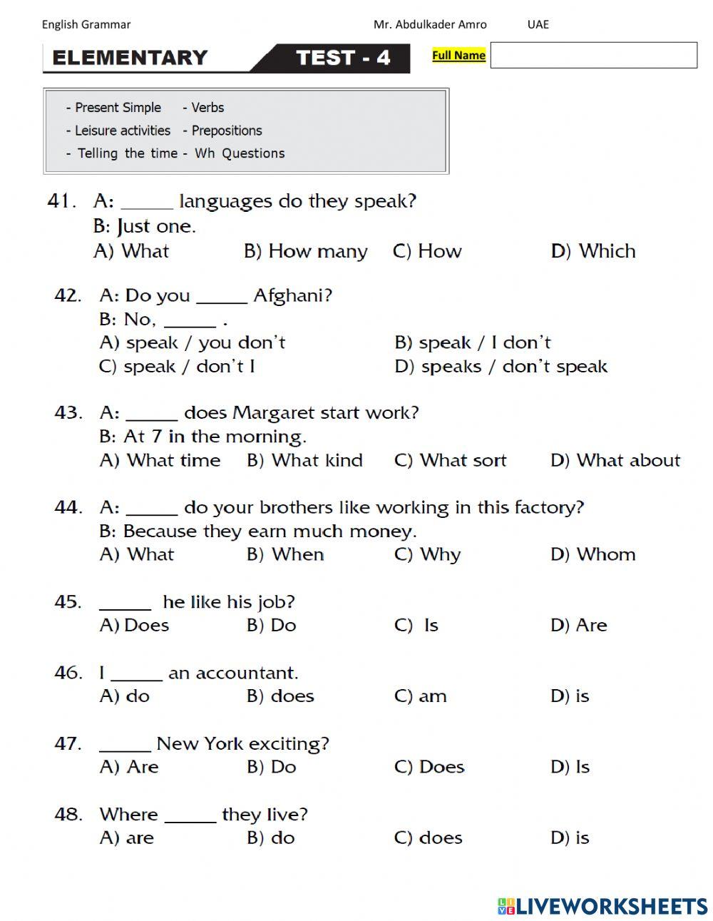 Elementary Test 4 Part 3 Grammar