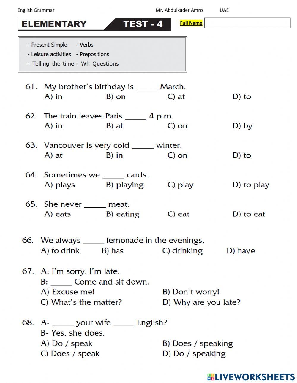 Elementary Test 4 Part 4 Grammar