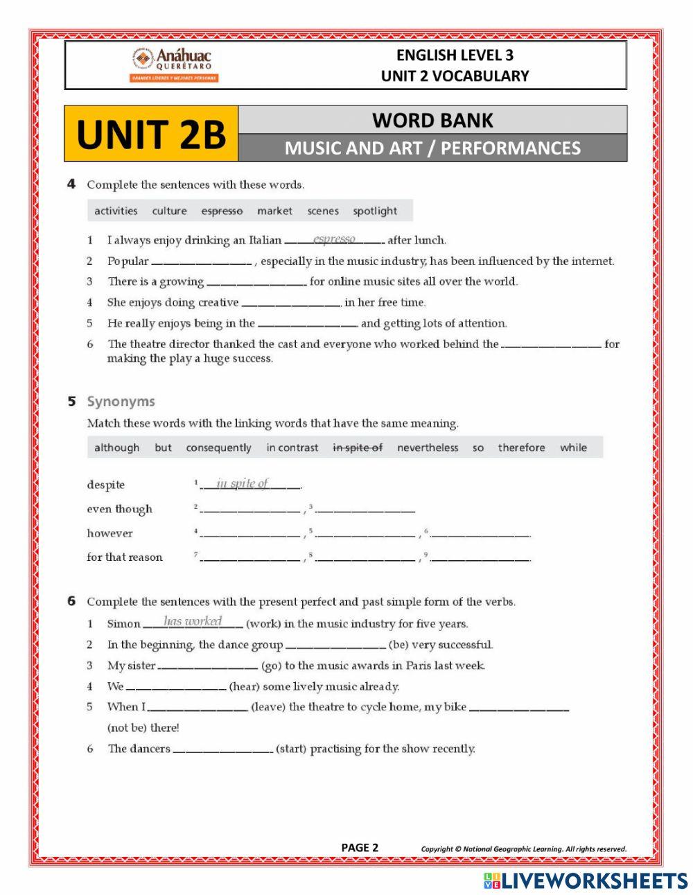 UNIT 2B VOCABULARY (LEVEL 3) 2803 | ALEJANDRO GARCIA