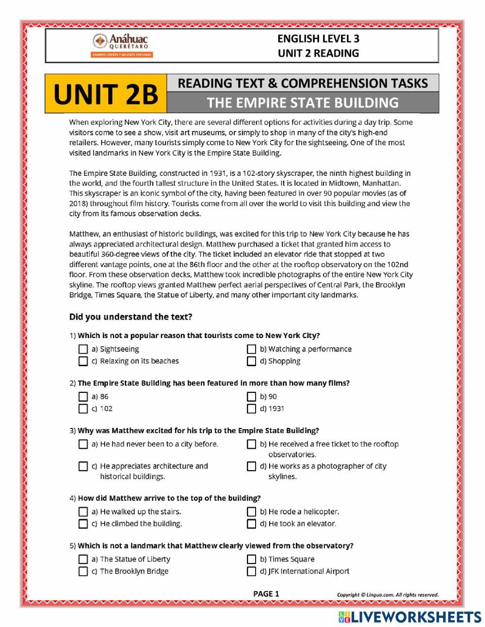 UNIT 2B READING (LEVEL 3) online exercise for | Live Worksheets
