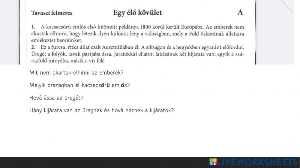 Kacsacsőrű emlős - szövegértés