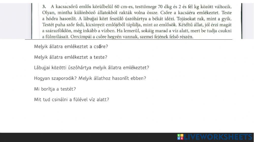 Kacsacsőrű emlős - szövegértés