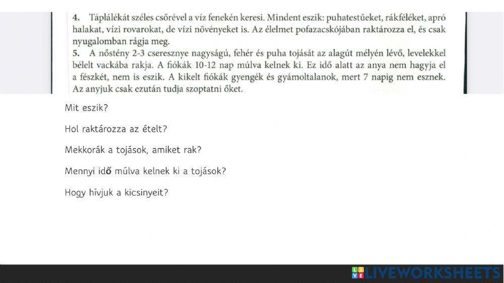 Kacsacsőrű emlős - szövegértés