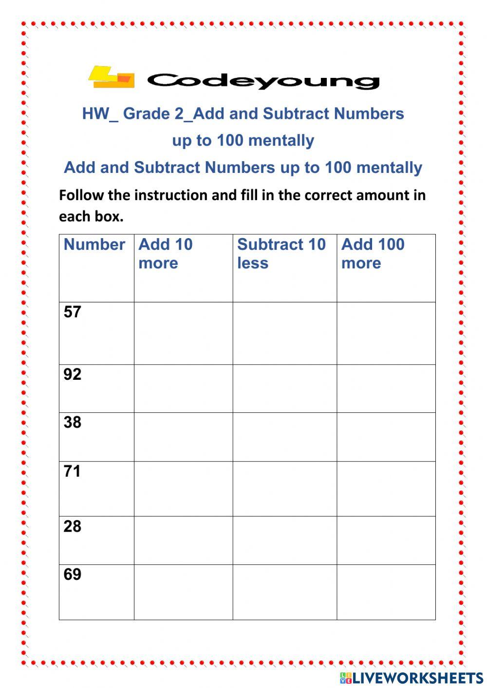 Add and Subtract Numbers up to 100 mentally WS 3 worksheet | Live ...
