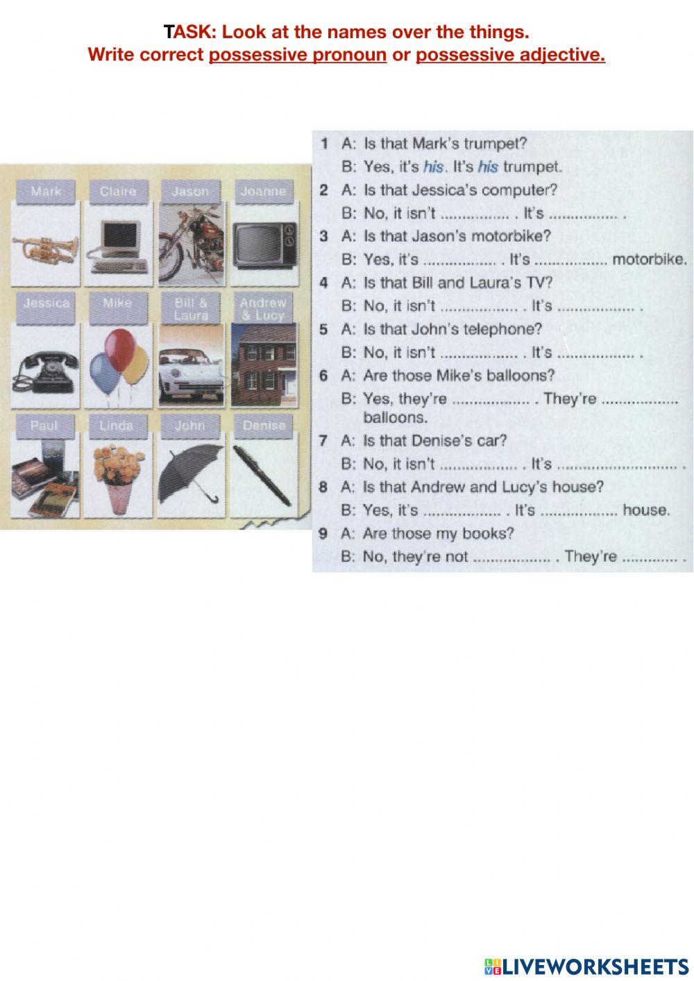 Possessive adjectives and pronouns task