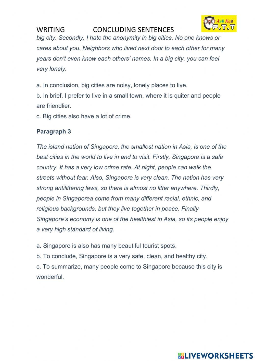 Writing- concluding sentences worksheet | Live Worksheets