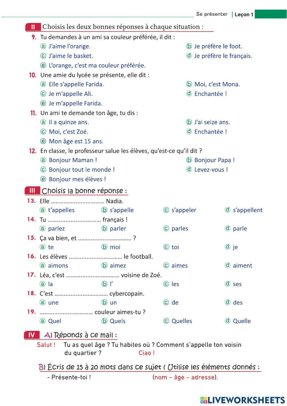 Examen pour la première année secondaire Unité 1 Leçon 1 « Se présenter »