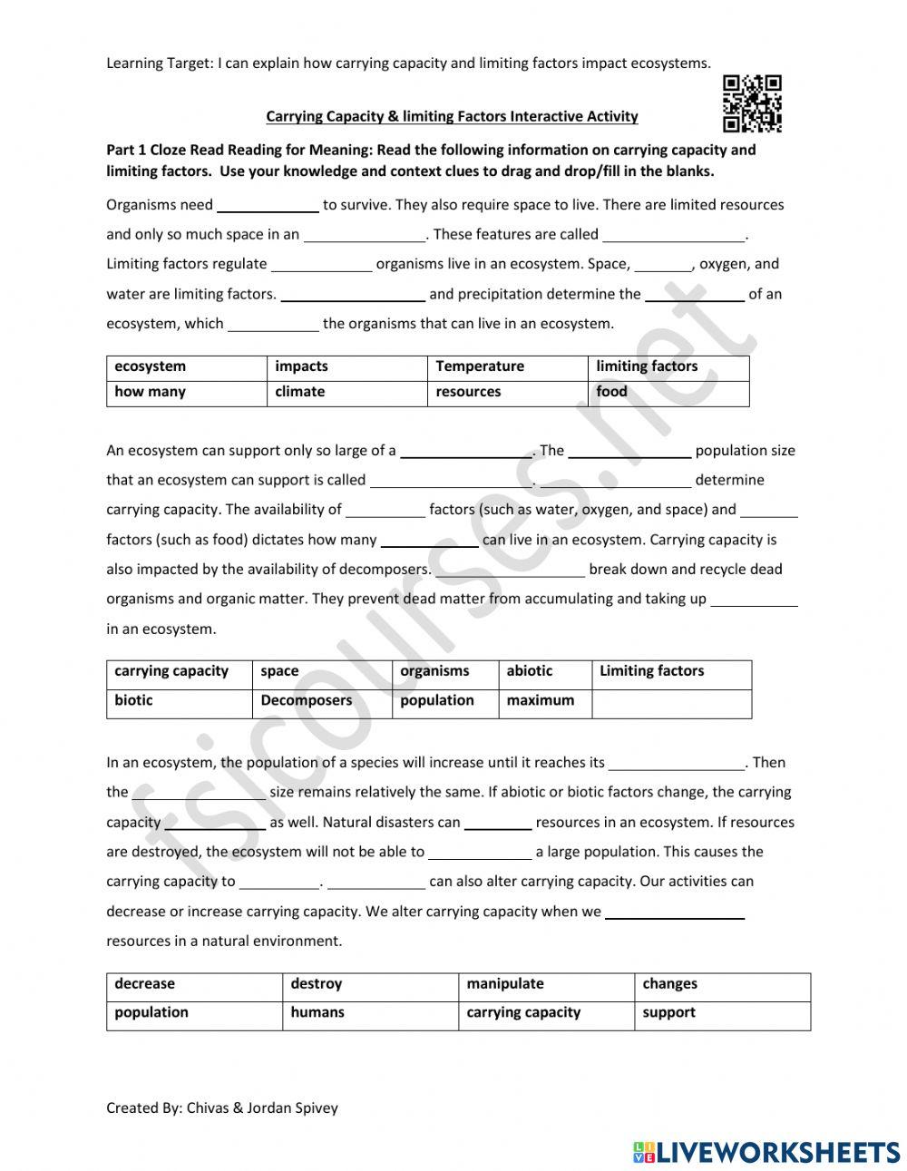 Carrying Capacity Limiting Factors Interactive Activity online