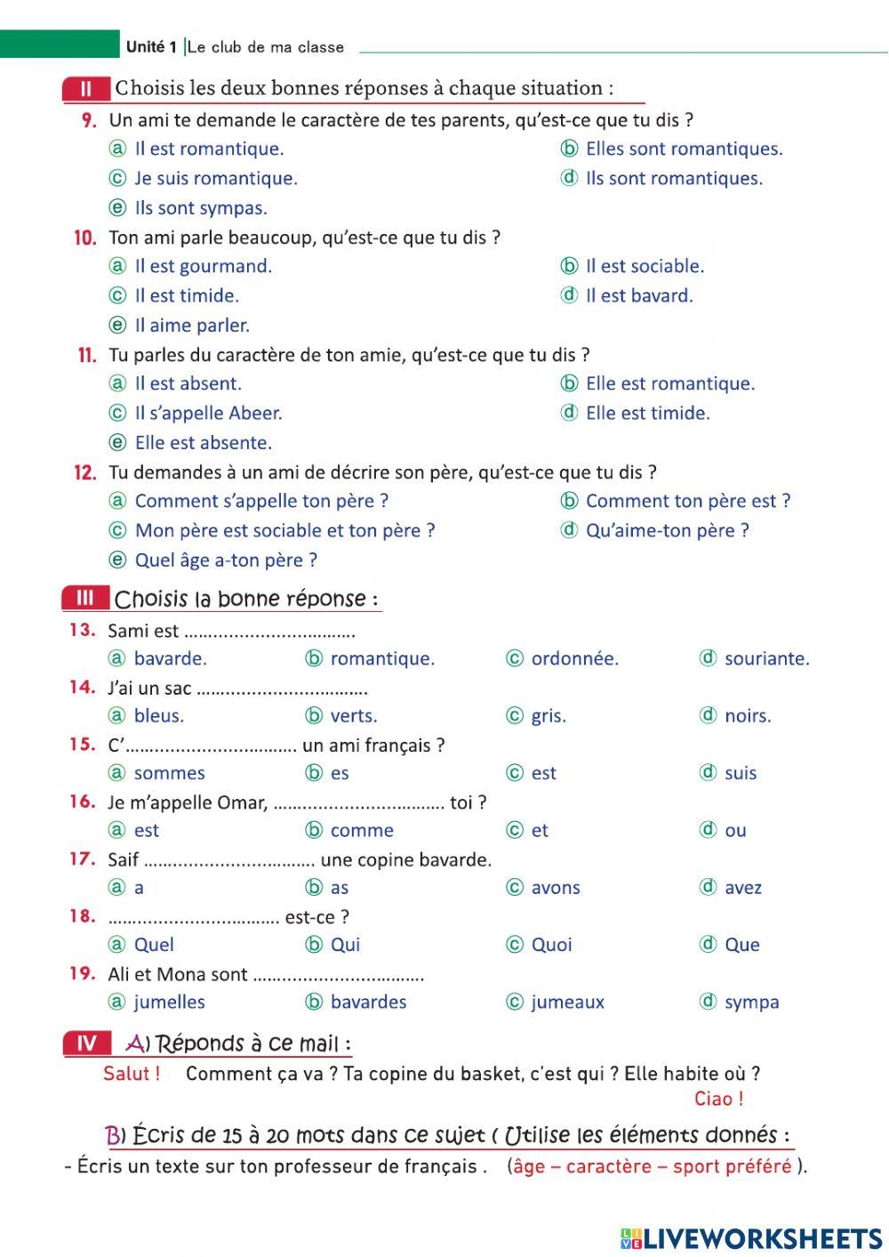 Examen pour la première année secondaire Unité 1 Leçon 3 « Parler du caractère »