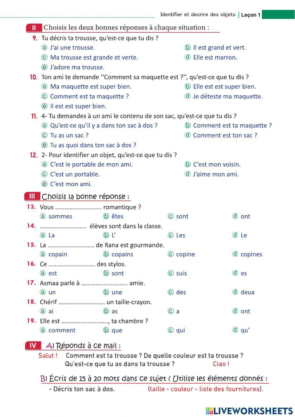 Examen pour la première année secondaire Unité 2 Leçon 1 « Identifier et décrire des objets »