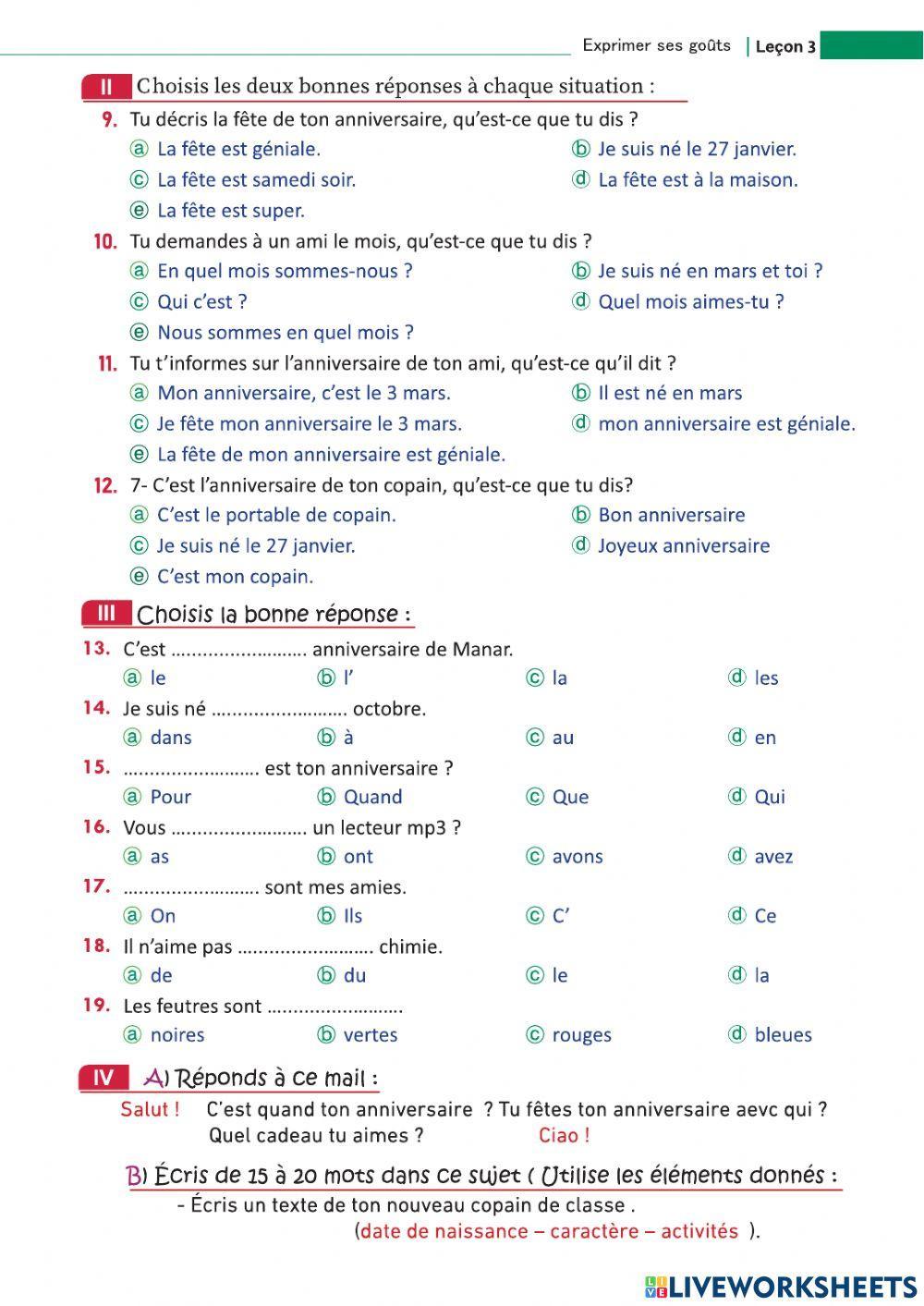 Examen première année secondaire Unité 2 Leçon 2 « Demander et dire l'âge et la date d'anniversaire »