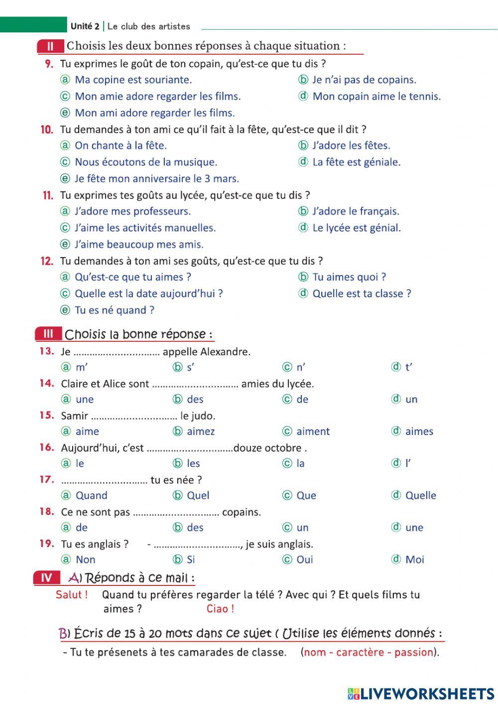 Examen pour la première année secondaire Unité 2 Leçon 3 « Exprimer ses goûts »