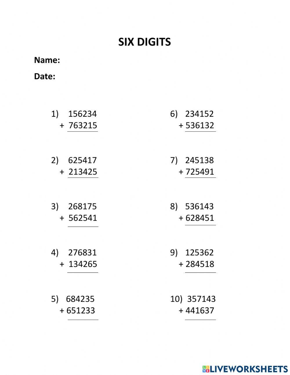 Six Digit Addition Worksheet