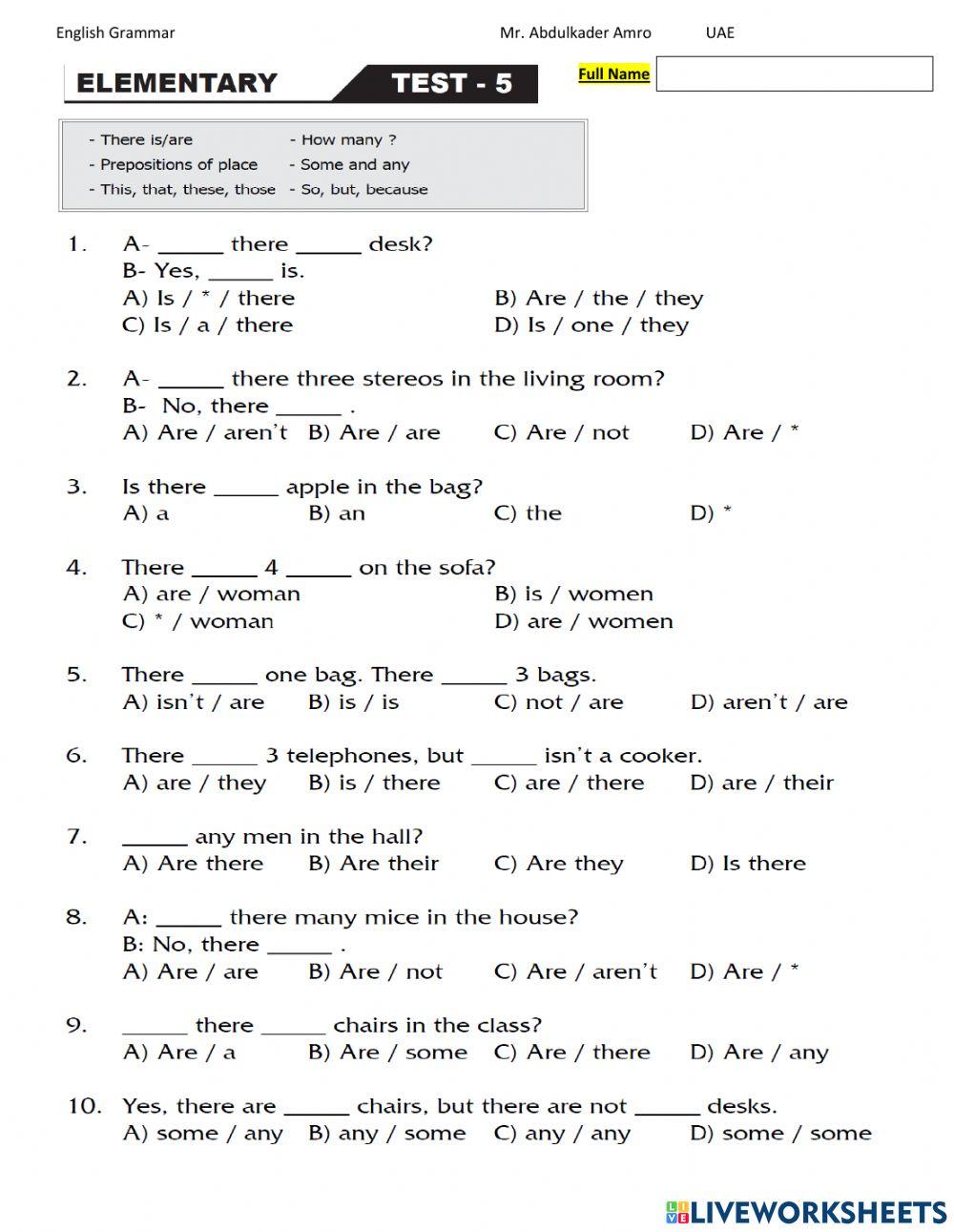 Elementary Test 5 Part 1 Grammar worksheet | Live Worksheets