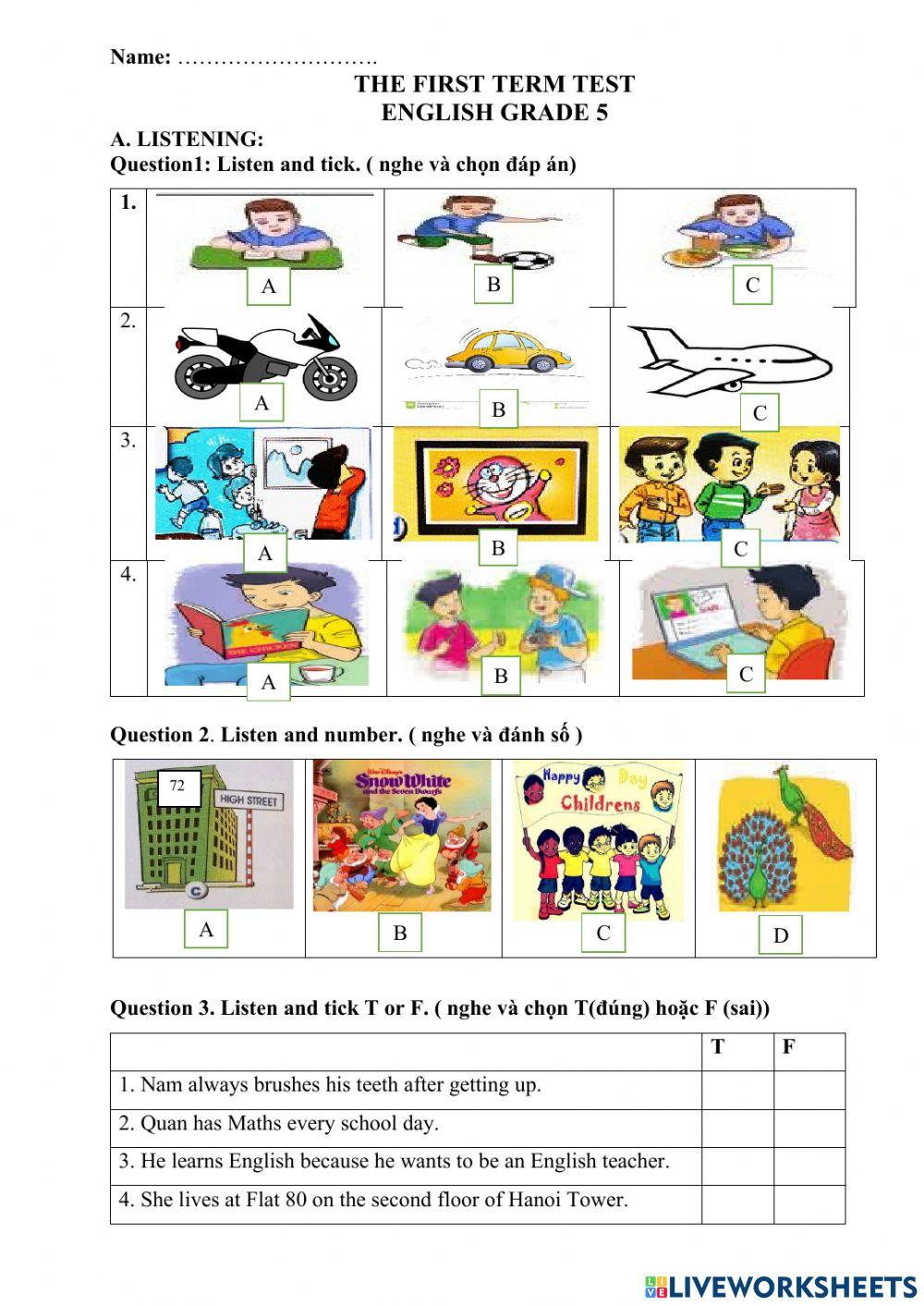 ĐỀ KIỂM TRA ANH 5 - HỌC KÌ 1 