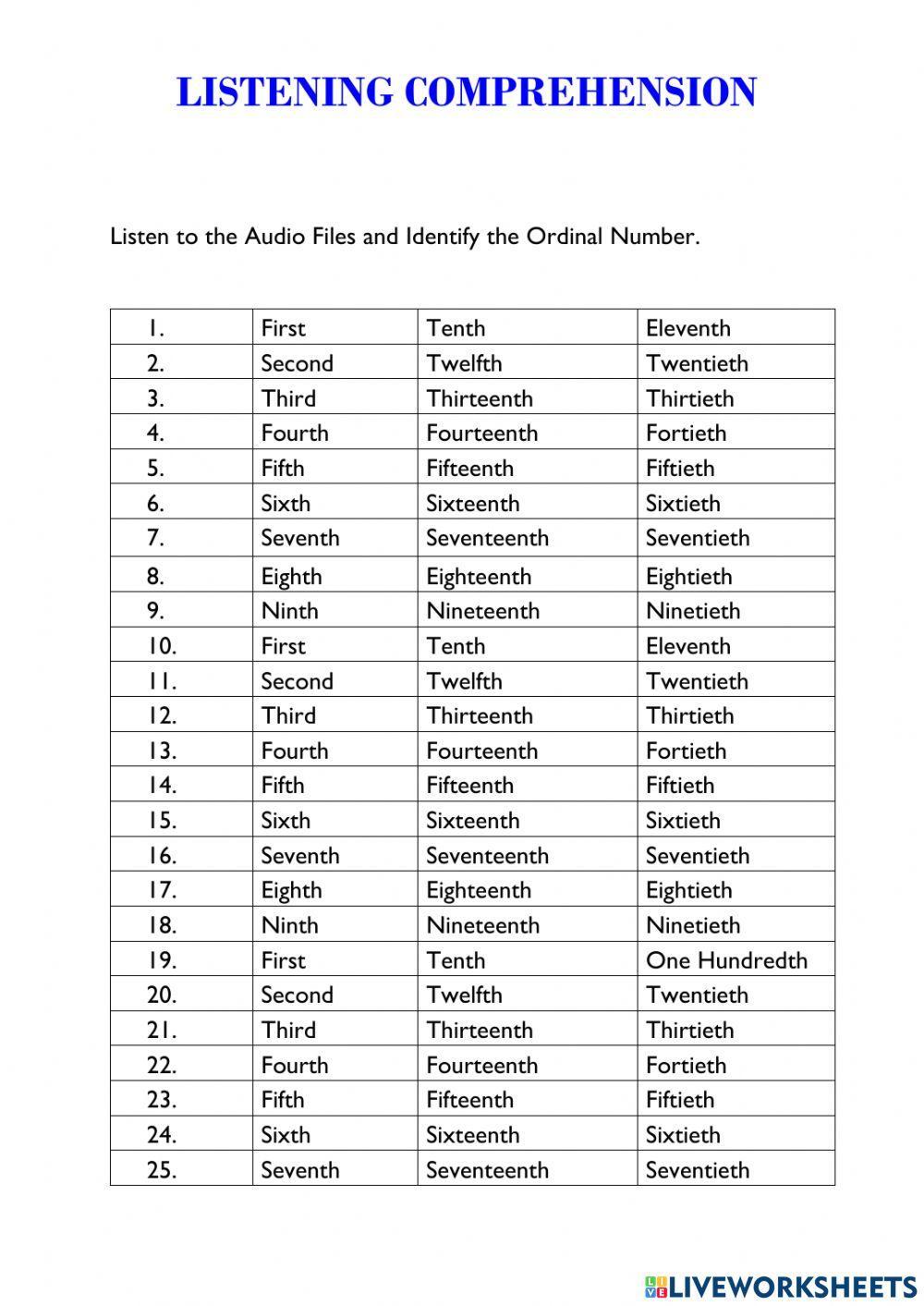 Listening Comprehension: Ordinal Numbers