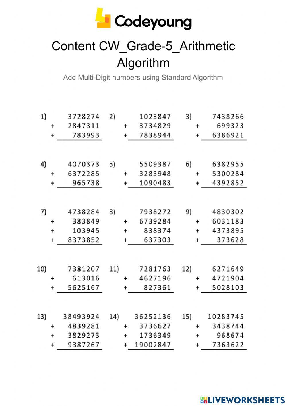 Content-CW-Add Multi-Digit numbers using Standard Algorithm worksheet ...