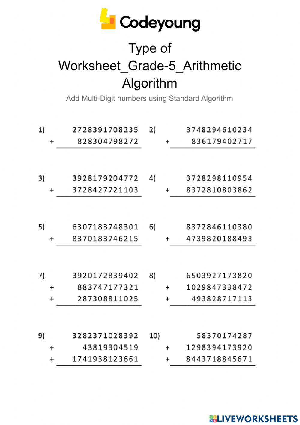 Application-Add Multi-Digit numbers using Standard Algorithm worksheet ...