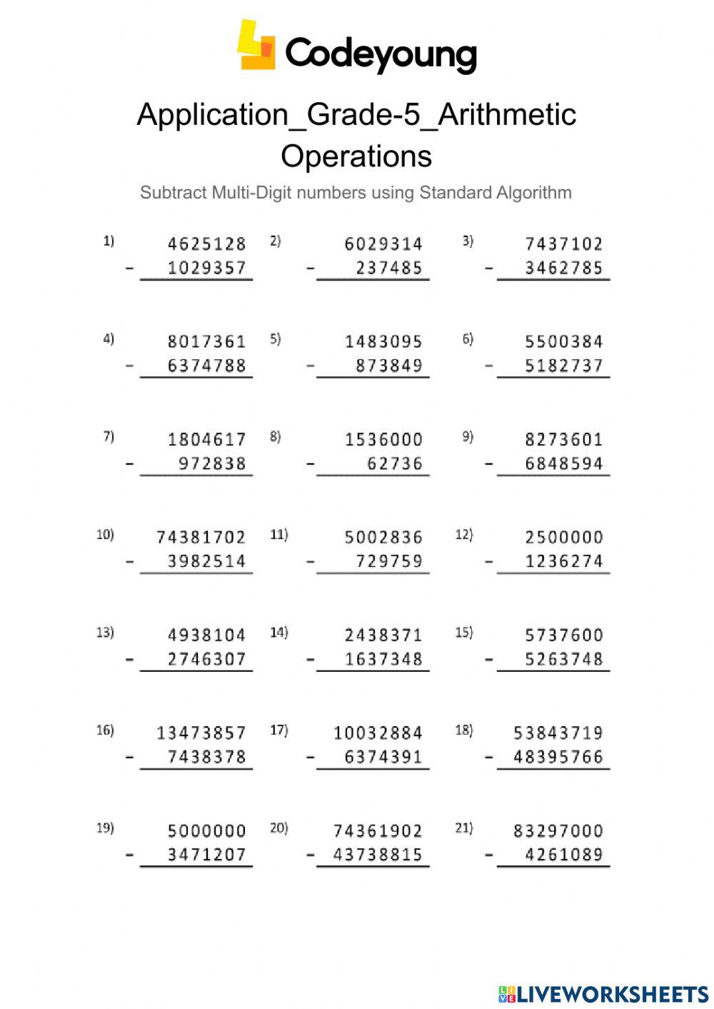 Application-Subtract Multi-Digit numbers using Standard Algorithm ...