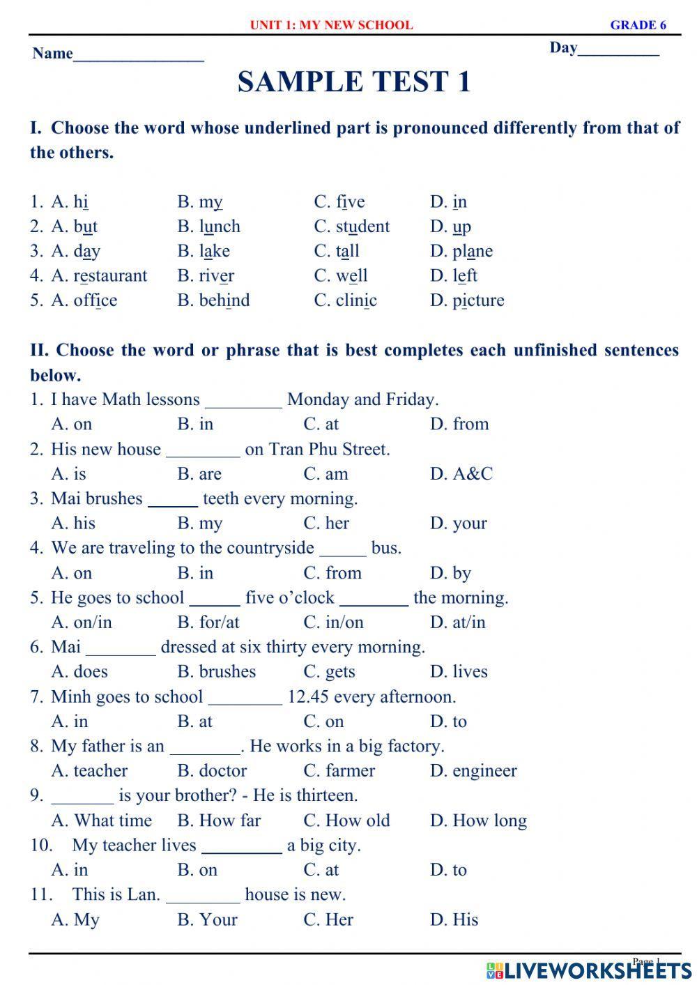 English6.1 - Sample Test - Unit 1 & 2