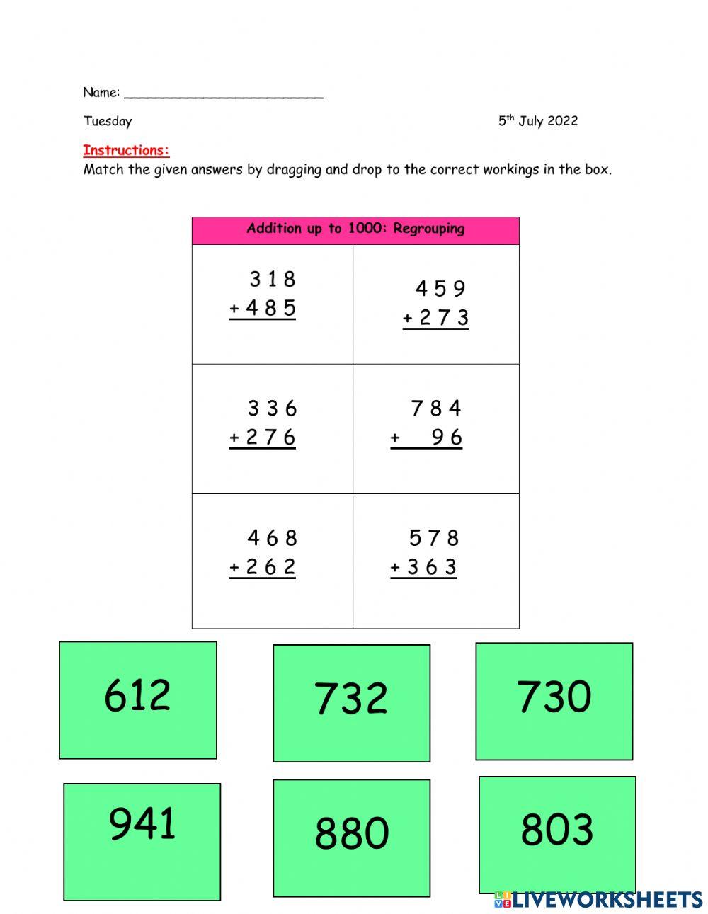 Addition with regrouping activity