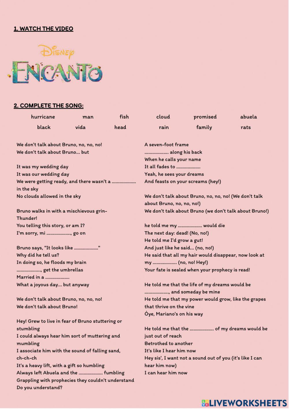 ENCANTO: We don #39 t talk about Bruno worksheet Live Worksheets