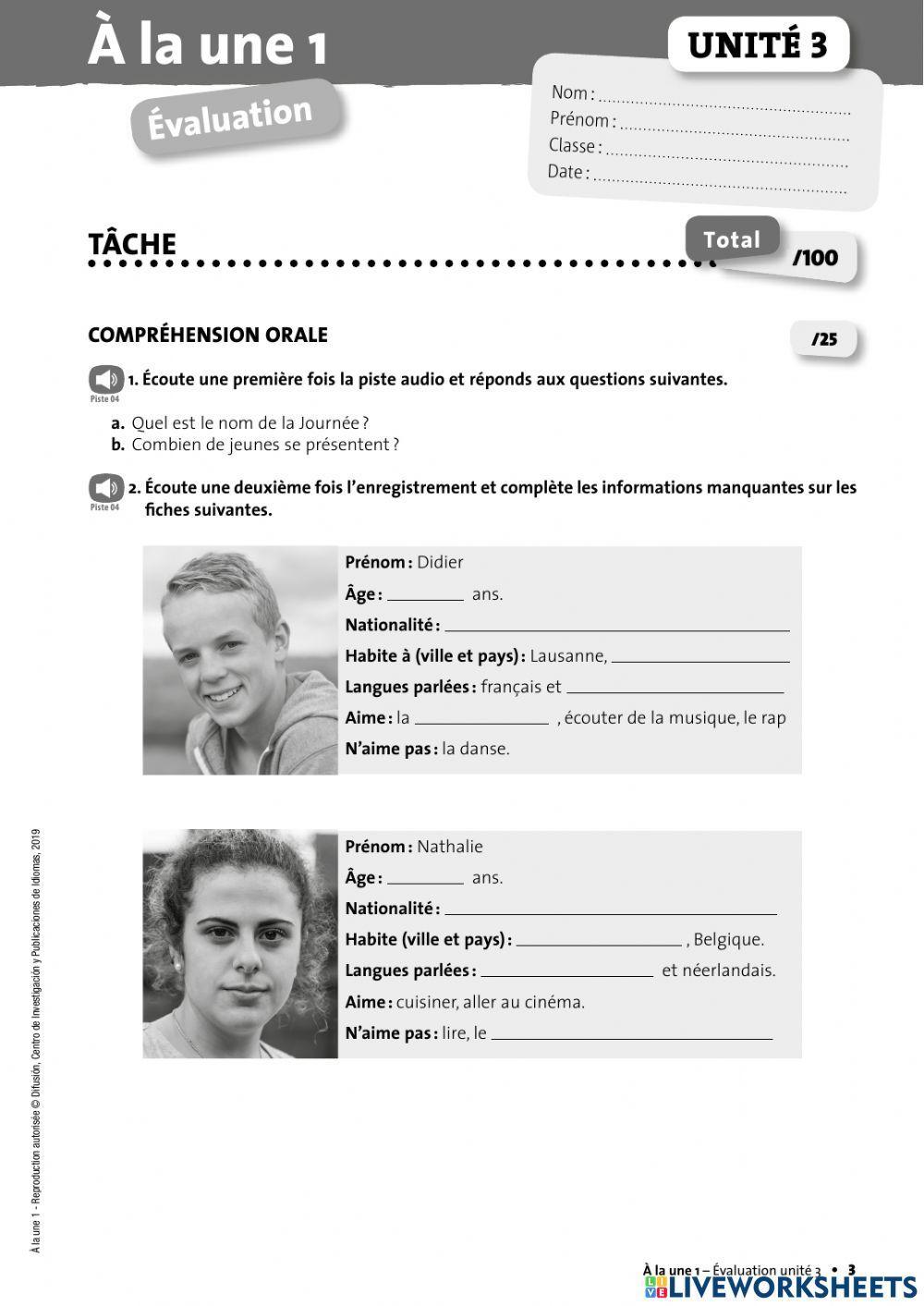 Evaluation Unité 3 -A la une-