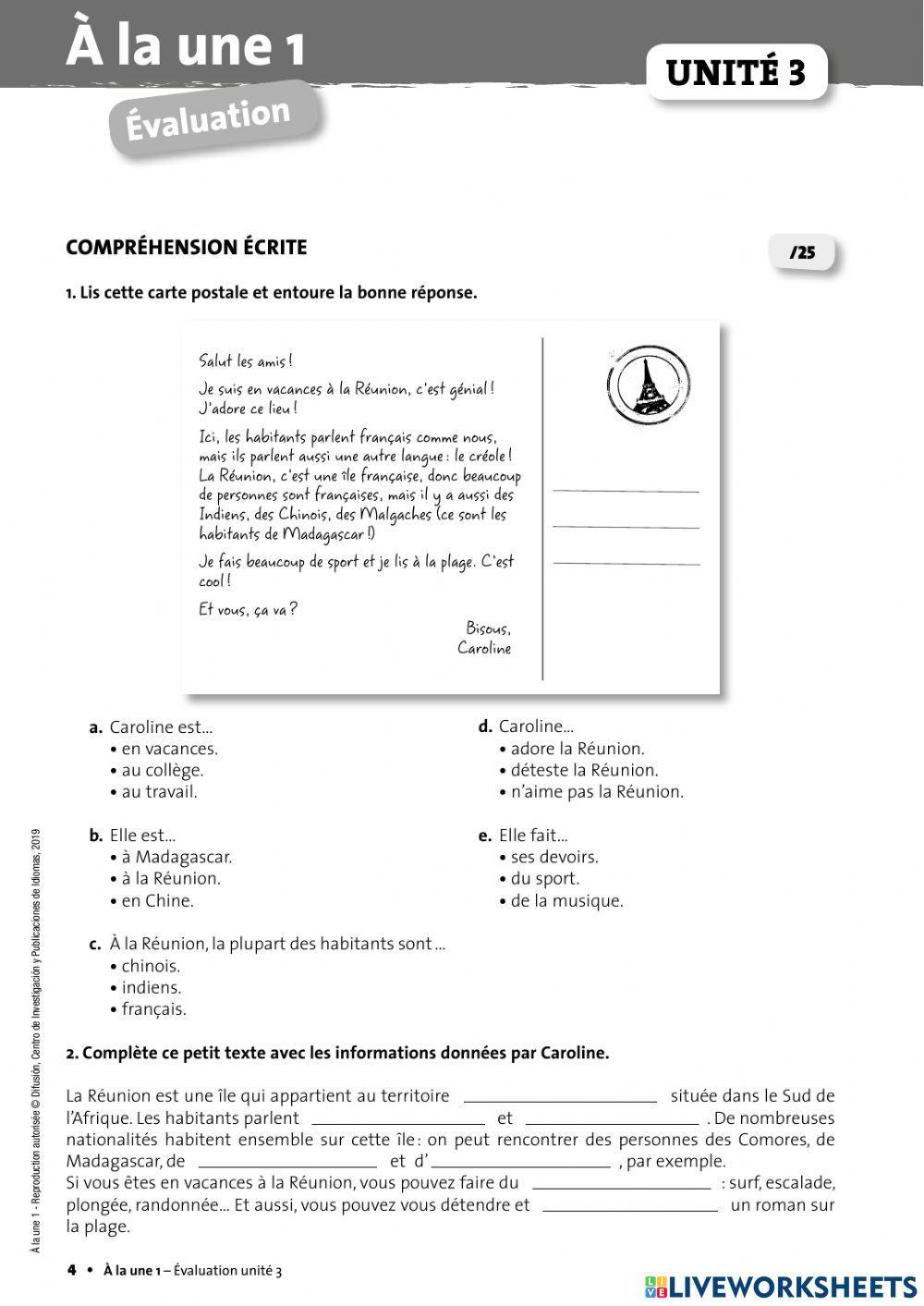 Evaluation Unité 3 -A la une-