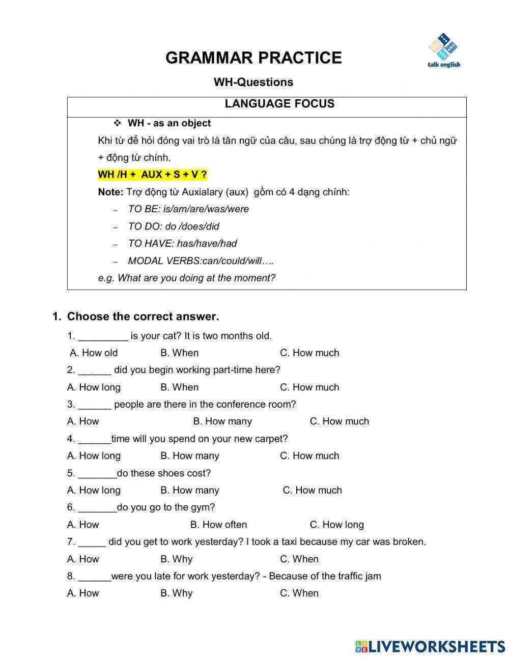 GRAMMAR PRACTICE WH-Questions
