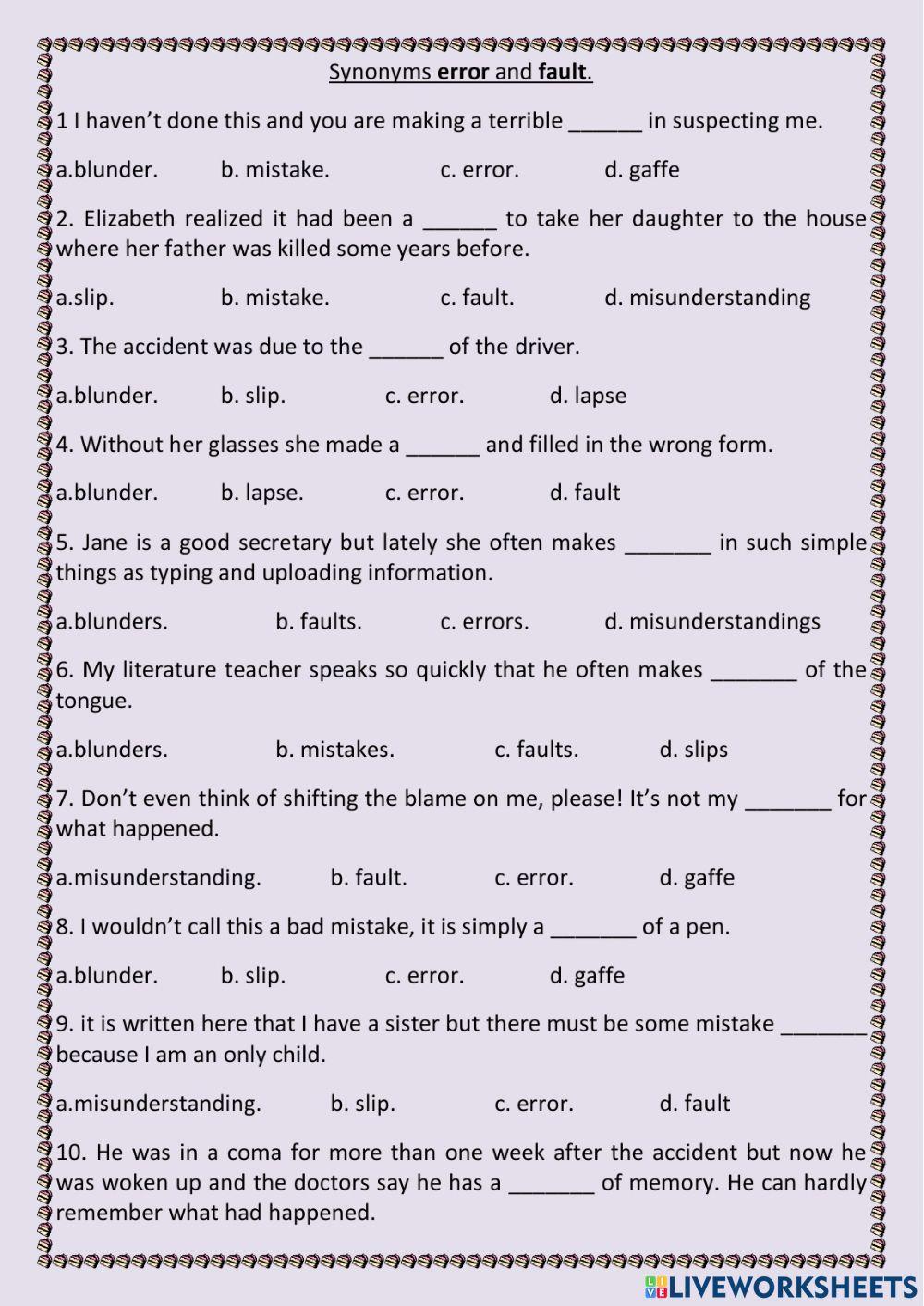 Synonyms Mistakes, Error, Blunder worksheet