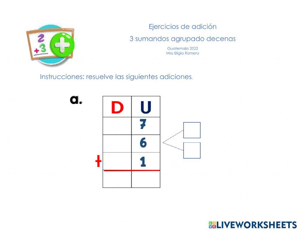 Adición de 3 sumandos agrupando decenas