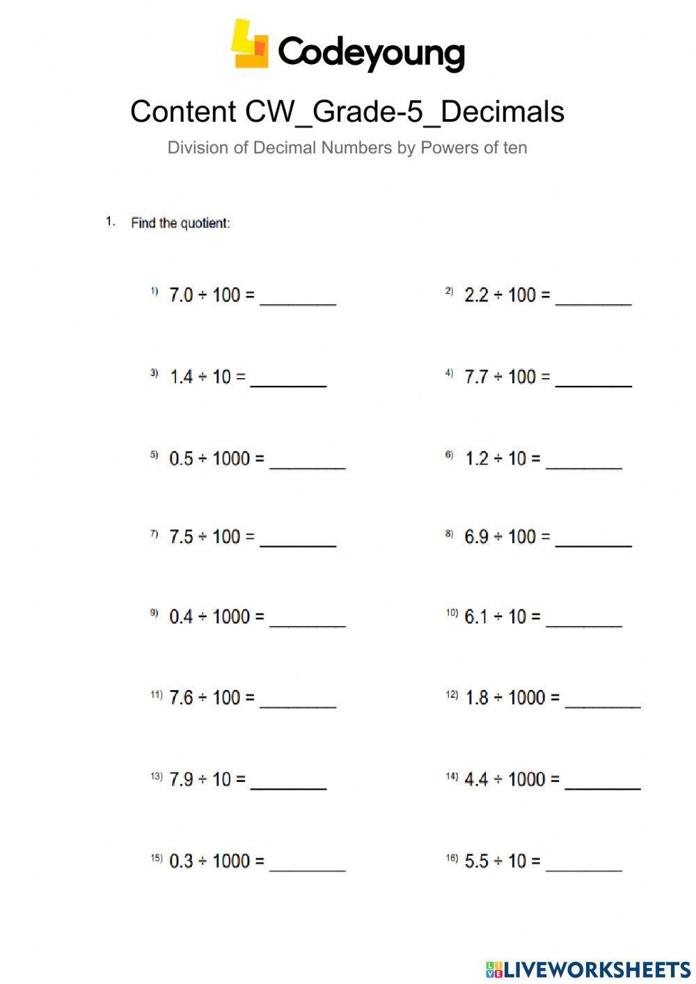 Content-CW-Division of Decimal Numbers by Powers of ten
