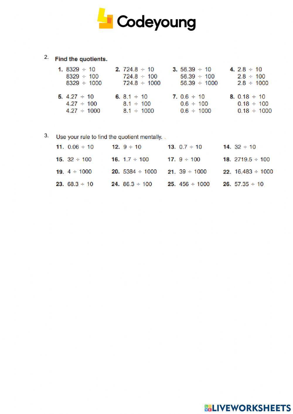 Content cw division of decimal numbers by powers of ten worksheet