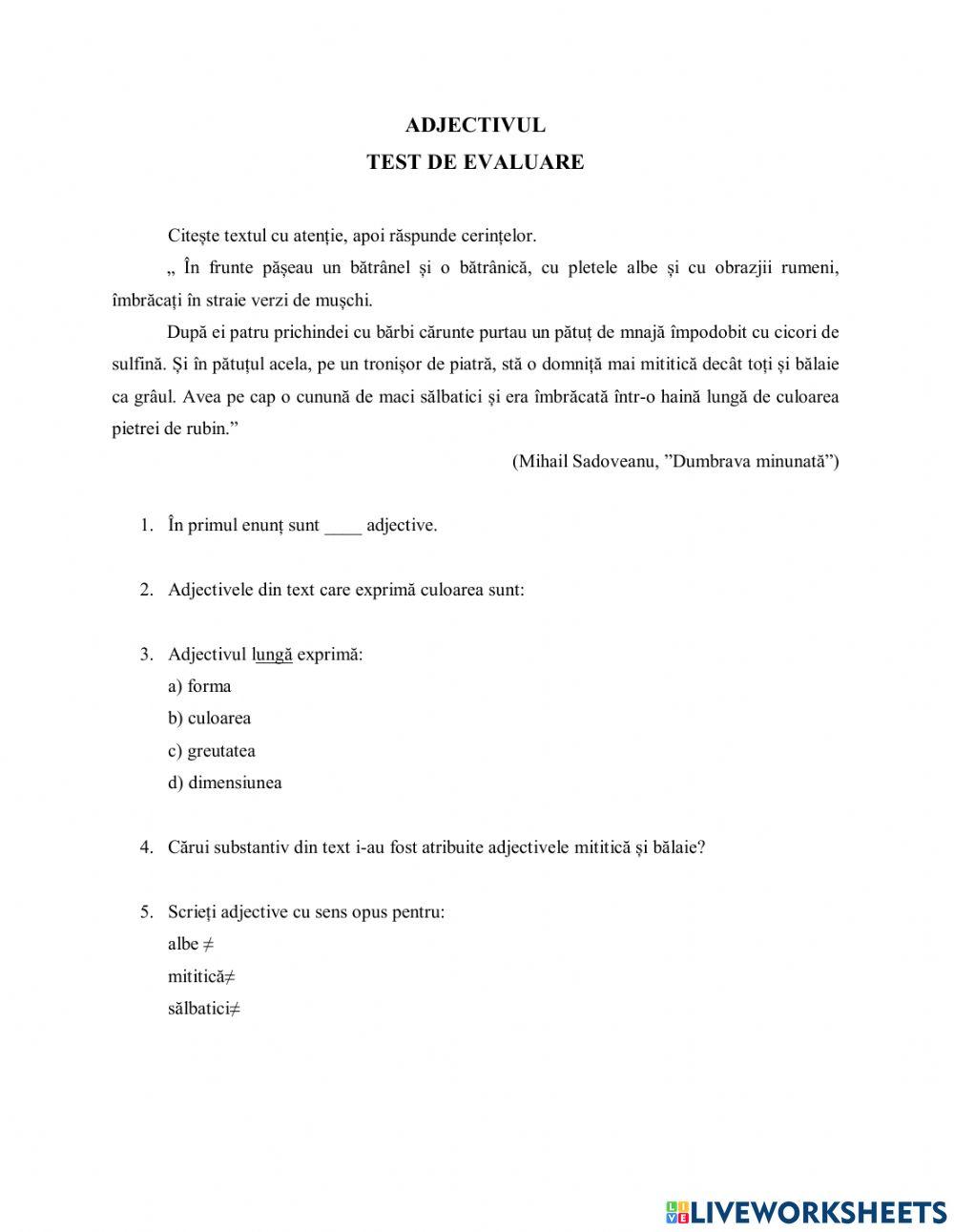 Adjectivul - test de evaluare